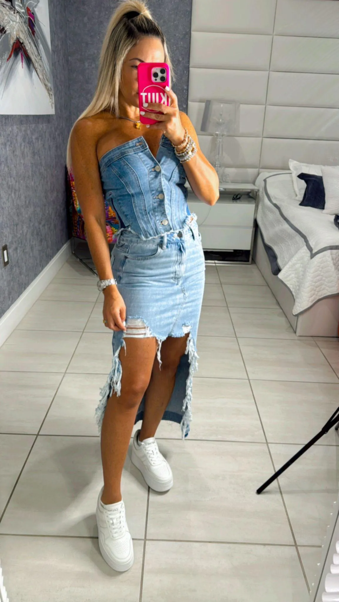 1355 Distress maxi denim skirt
