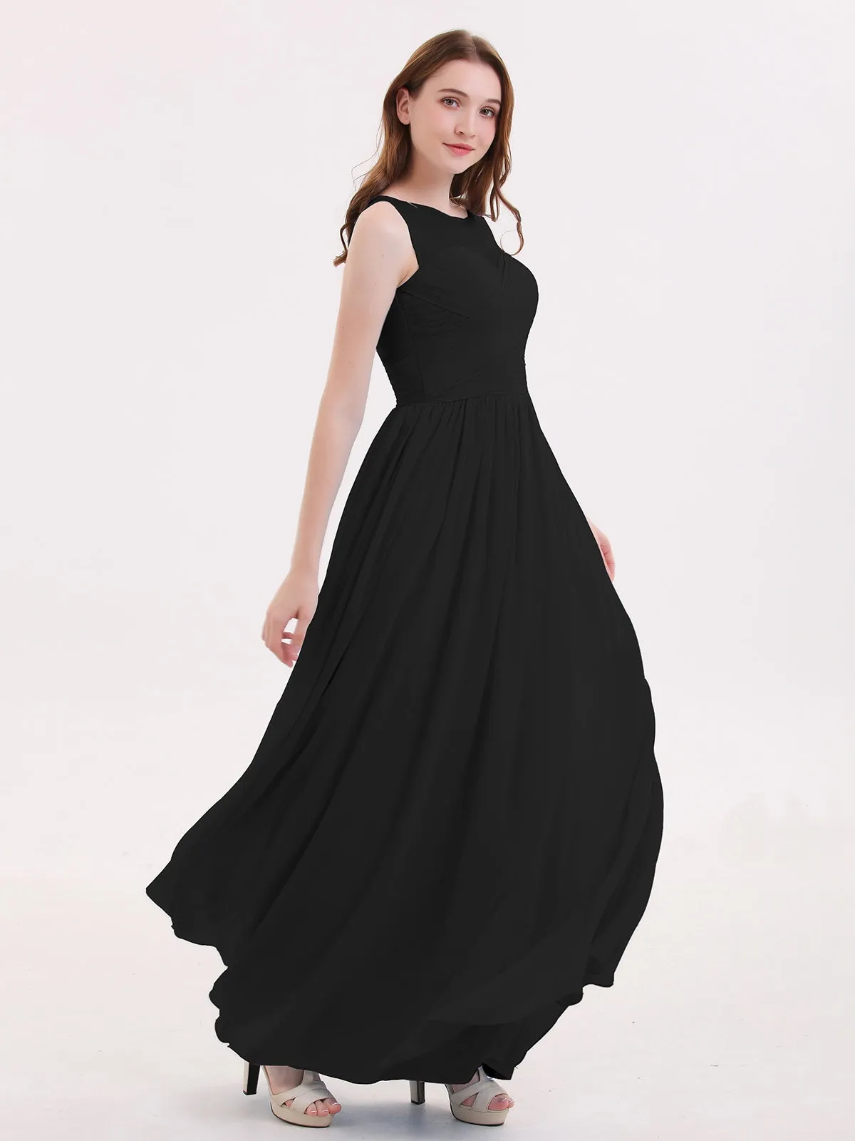 Long Chiffon Gowns with Illusion Neckline-Black