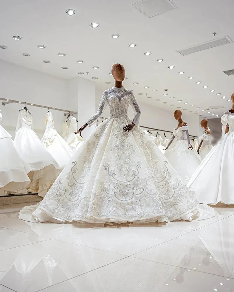 Luxury Princess long sleeve Glitter and Lace fully Beaded Ball Gown
